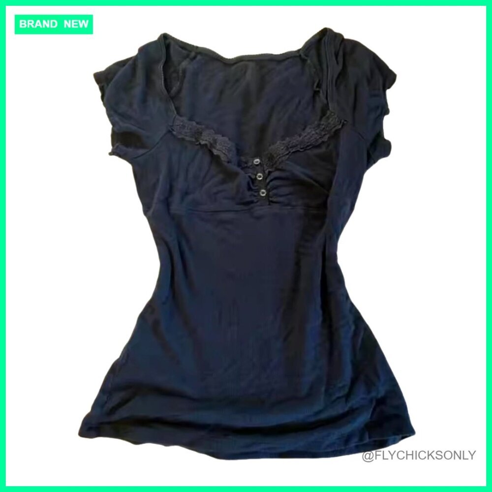 Vintage Y2K Lace Bow Crop Top Coquette Babydoll Tee Grunge Goth